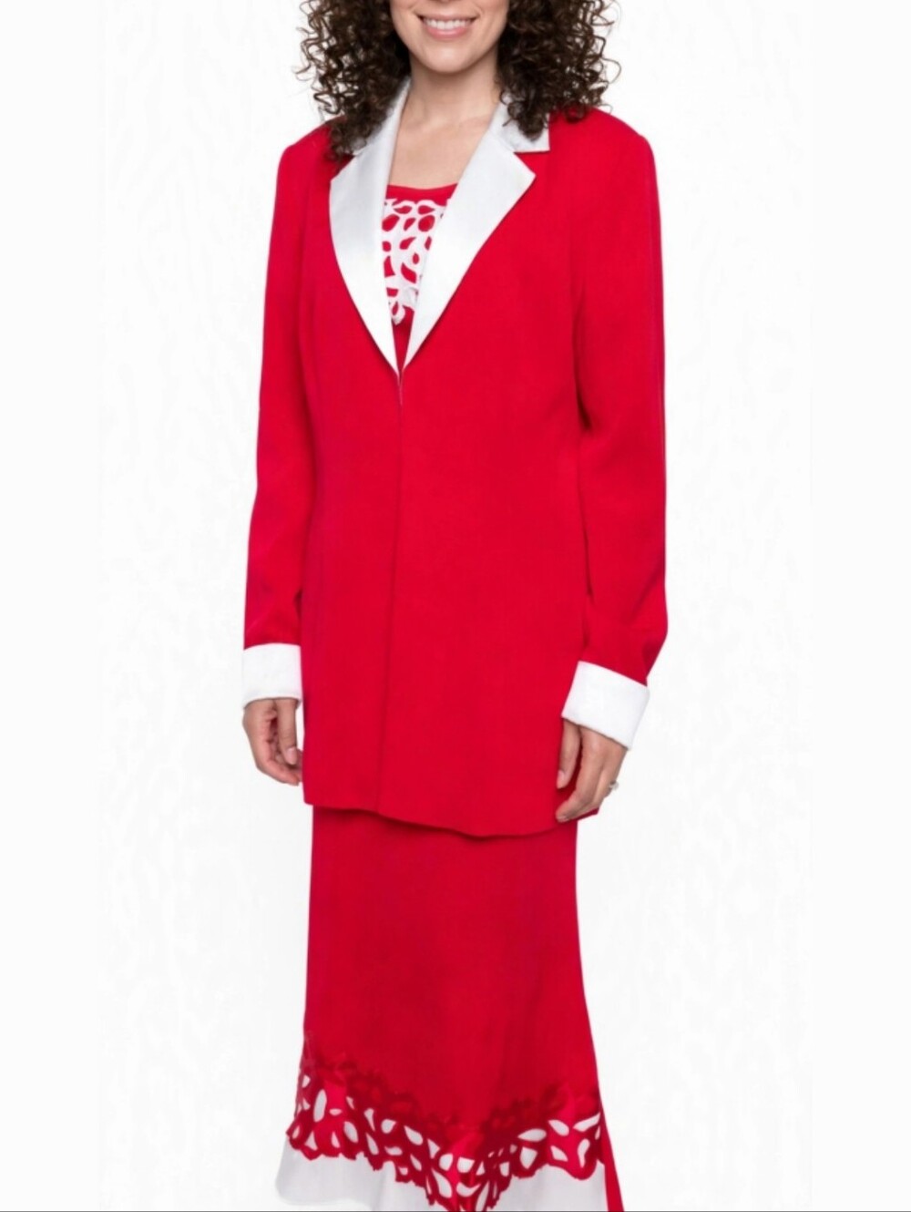 Ashro Elegant Red and White Satin Women's Three Piece Shirt Suit Size 18